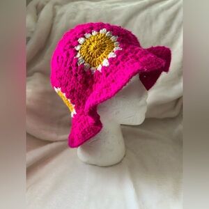Handmade crochet pink flower granny square bucket hat